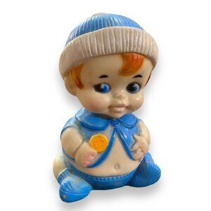 Vintage MCM Rubber Chubby Boy Squeak Toy With Blue Outfit & Lollipop 7"